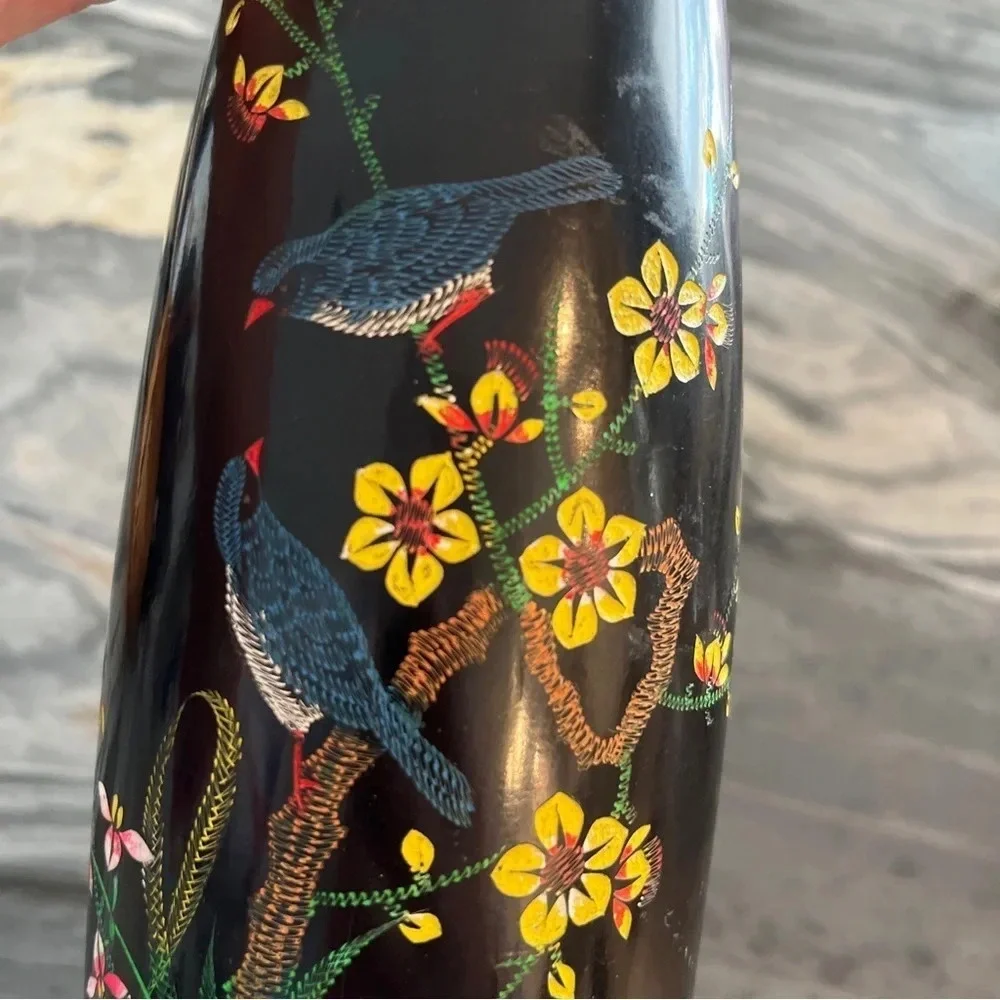 Vintage Lacquered Vase Black Wood Japan Birds Flowers  Butterfly 14”
